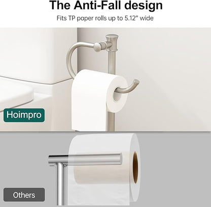 Hoimpro 25" Toilet Paper Holder Free Standing, Floor Bathroom Toilet Paper Tissue Roll Holder with Shelf Storage Stand for 4 Rolls, Freestanding Handle Hardware Accessories Rack Brushed Nickel
