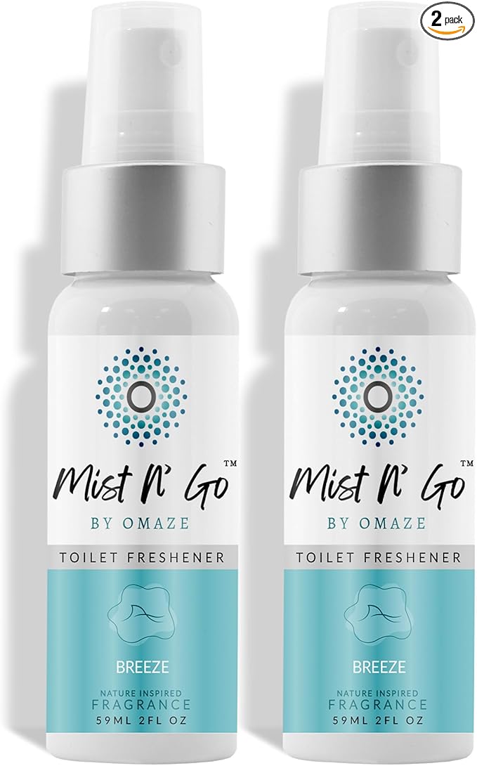 Mist N’ Go by Omaze Travel Bathroom Spray for Toilet Spray Odor Eliminator - Travel Toilet Spray for Bathroom Air Freshener Spray for Bathroom Deodorizer - Breeze Regular Size (2oz x2)