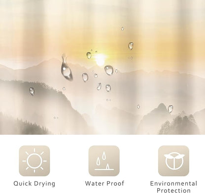 Riyidecor Misty Mountain Shower Curtain 60Wx72H Inch Brown Sunrise Nature Scenery Foggy Pine Tree Woodland Modern Natural Landscape Men Cool Bathroom Decor Fabric Polyester Waterproof 12 Pack Hooks