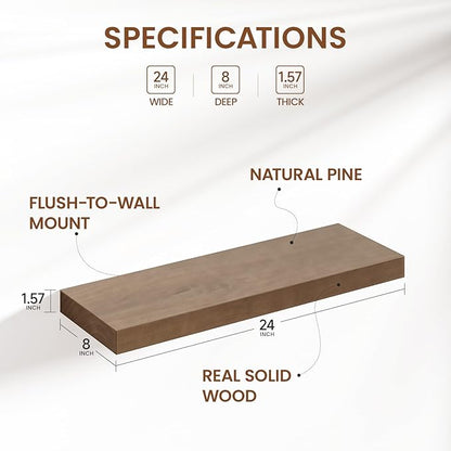 Heimlove 24 inch Floating Shelves for Wall,2 Packs Natural Pine Solid Wood Floating Shelves, 8 inches Deep Wooden Shelves for Kitchen Bedroom Office & Living Room Display Wall Decor