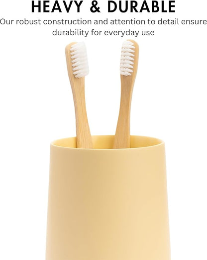 Matte Yellow Cream Toothbrush and Toothpaste Holder and Cup for Bathroom Vanity and Countertop, Round Organizer for Electric Toothbrushes, Floss, Razors, Cotton, and Mouthwash