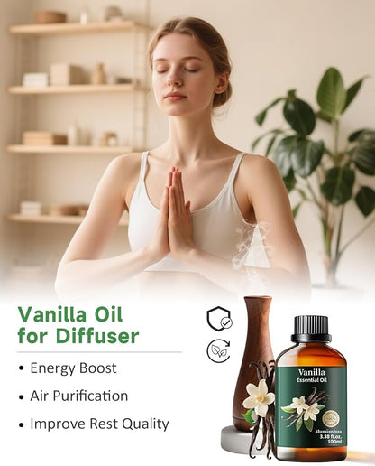 Vanilla Essential Oil Pure, Mumianhua Natural Vanilla Bean Oil for Diffuser, Aromatherapy, Skin, Perfume,Candle, Soap Making,DIY 3.38 Fl Oz