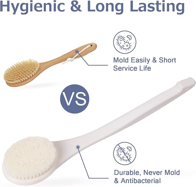 VANZAVANZU Shower Brush, Bath Body Brush with Soft Bristles, 15.4" Back Brush Long Handle for Shower, Dry Exfoliating Brush or Wet Shower Brush with Moderate Bristles, Cream White