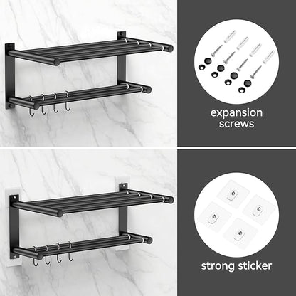 Black Adjustable Black Towel Bar for Bathroom Wall Mount17-30.7inch Adhesive Shower Towel Rack Stainless Steel Bath Towel Holders for Toilet Kitchen Double Towel Hanger