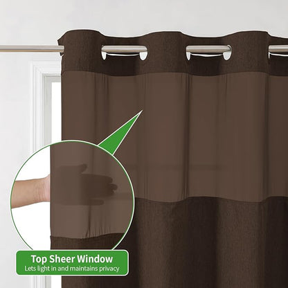 No Hooks Needed Linen Textured Shower Curtain with Snap-in Fabric Liner Set,Hotel Luxury Decor Shower Curtains for Bathroom with Mesh Top Window,Waterproof & Washable,71Wx74H,Brown
