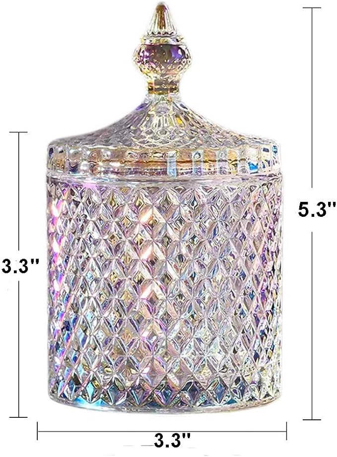 Colorful Home Decorative Jar Qtips Holder Dispenser Glass Storage Container Bathroom Counter Vanity Organizer for Bath Salts/Swabs/Rounds Makeup Sponges Toothpick Jewelry(Sparkling, 10 oz)