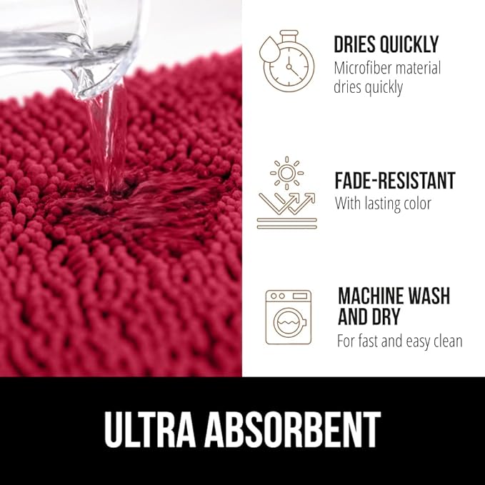 GORILLA GRIP Plush Absorbent Shaggy Chenille Bath Rug Mat for Square Toilet Base with Rubber Backing, Machine Washable Rugs, Soft Microfiber Contour Mats for Toilets, Bathroom Decor, Red