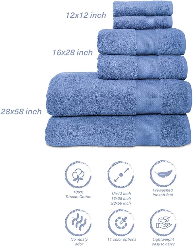Hencely 6-Piece Bath Towel Set - High Absorbency, Quick Drying - 100% Soft Turkish Cotton - 2 Bath Towels, 2 Hand Towels, 2 Washcloths - for Bathroom, Home, Hotel, Spa, and Gym - 6-Pack Blue