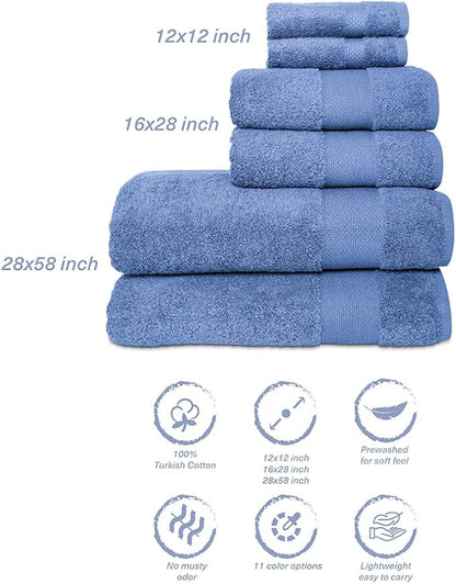 Hencely 6-Piece Bath Towel Set - High Absorbency, Quick Drying - 100% Soft Turkish Cotton - 2 Bath Towels, 2 Hand Towels, 2 Washcloths - for Bathroom, Home, Hotel, Spa, and Gym - 6-Pack Blue