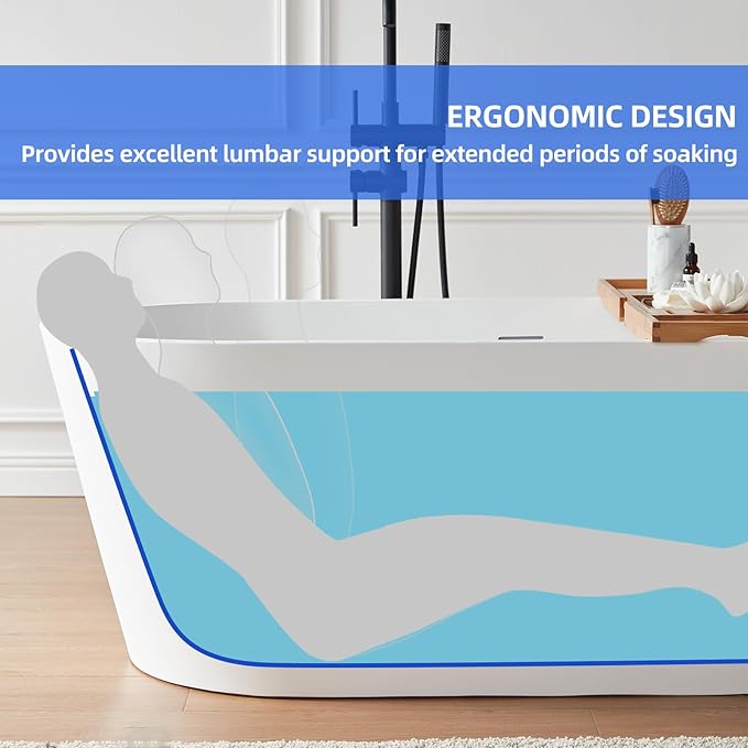 Cpingao 63" Stone Resin Freestanding Bathtub, Modern Oval Solid Surface Soaking Stand Alone Tub, Matte White, Drain & Overflow Included 8816-1600