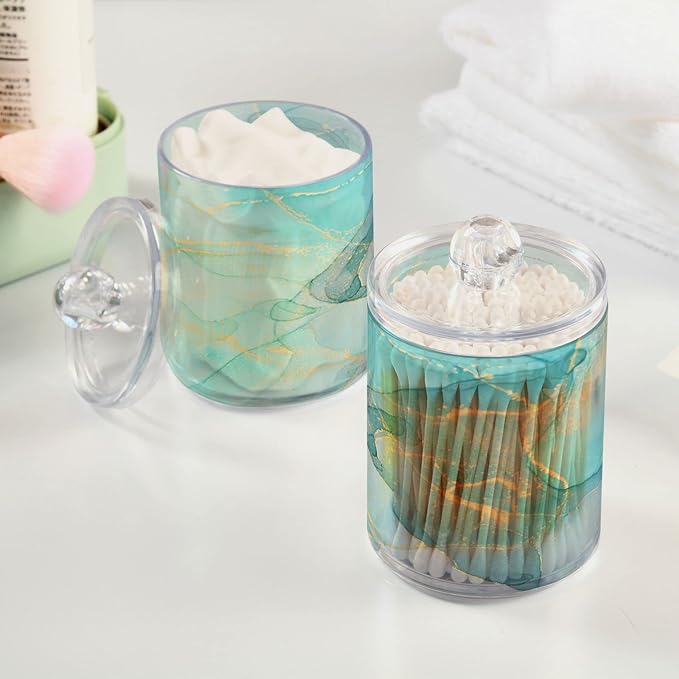 MNSRUU 4 Pack Qtip Holder Organizer Dispenser Modern Art Marble Teal Bathroom Containers Bathroom Vanity Storage Canister Apothecary Jars for Cotton Swabs/Pads/Floss