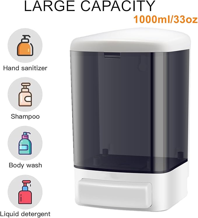 8-Pack Soap Dispenser Wall Mount 1000ml (33.8oz)–Commercial Heavy-Duty Plastic Liquid Dispenser for Soap,Shampoo,Hand Sanitizer–Manual Pump for Bathroom, Kitchen,Restaurant,Hotel (8 x 1000ml)