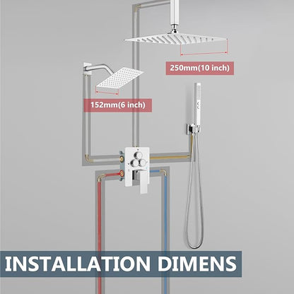 Aolemi Shower Faucet Set Ceiling Mount Shower System Rough-in Valve and Shower Trim Kit 10 and 6 Inch Dual Shower Head 2 in 1 Handheld Spray Push Button Diverter Polish Chrome