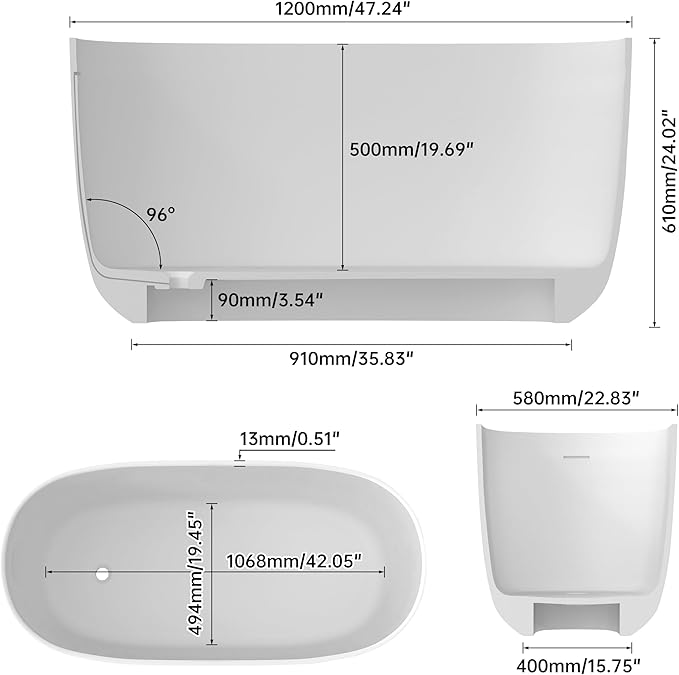 SJ STAR&JANE 47" Solid Surface Freestanding Bathtub Modern Stone Resin Oval Soaking Tub with Side Drain in Matte White
