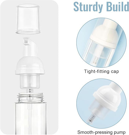 5 Pack 2 oz Travel Foam Pump Bottle, 60 ml Foam Dispenser, Clear PET Foaming Pump Bottle for Hand Soap, Shampoo, Hair Mousse, Self-Tanner, Facial Cleansers (5, Transparent)
