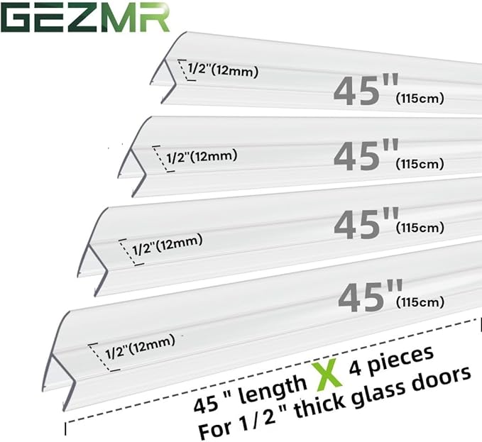 4-Pack Frameless Shower Door Side Seal Strip Shower Door Bottom Sweep Seal for 1/2 Inch Thick Glass, Vertical H-Type Glass Door Seal Stop Leaks. (4-Pack x 45" Length)