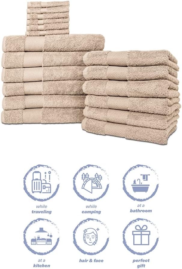 Hencely 18-Piece Bath Towel Set - High Absorbency, Quick Drying - 100% Soft Turkish Cotton - 6 Bath Towels, 6 Hand Towels, 6 Washcloths - Bathroom, Home, Hotel, Spa, and Gym - 18-Pack Beige