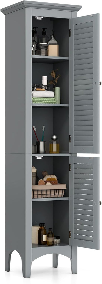 Tangkula 63" Tall Bathroom Storage Cabinet, Freestanding Narrow Linen Tower with Adjustable Shelf, Modern Slim Floor Cabinet with 2 Doors for Bathroom, Living Room, Kitchen (Grey)