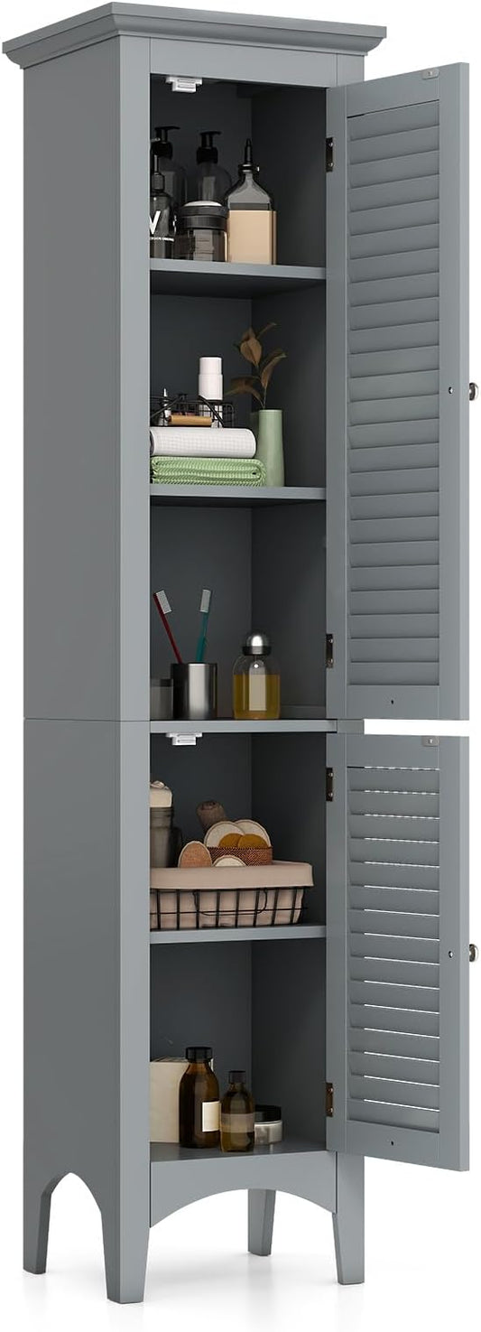 Tangkula 63" Tall Bathroom Storage Cabinet, Freestanding Narrow Linen Tower with Adjustable Shelf, Modern Slim Floor Cabinet with 2 Doors for Bathroom, Living Room, Kitchen (Grey)