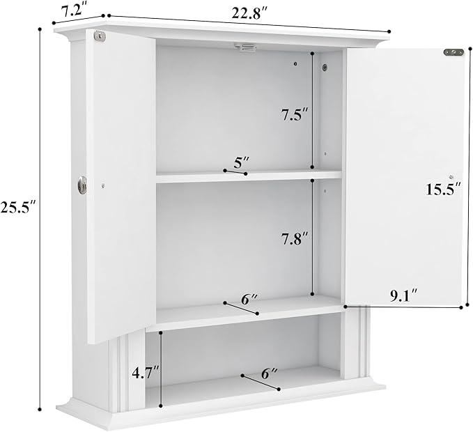 White Wall Cabinet, Over The Toilet Storage Cabinet, Bathroom Cabinet Wall Mount, 2 Doors & Hooks, Medicine Cabinet Organizer, Hanging Wall Cabinet Cupboard for Kitchen Laundry Room White