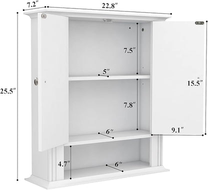 White Wall Cabinet, Over The Toilet Storage Cabinet, Bathroom Cabinet Wall Mount, 2 Doors & Hooks, Medicine Cabinet Organizer, Hanging Wall Cabinet Cupboard for Kitchen Laundry Room White