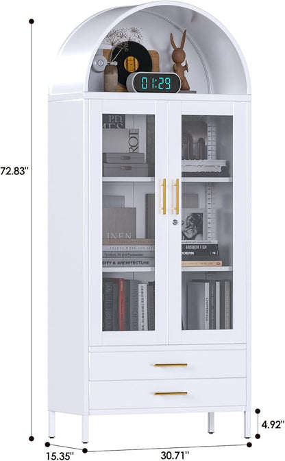 73''H Arched Kitchen Pantry Cabinets with 2 Drawers, Metal Arch Bookcase with Glass Door for Home Office, Assemble Require, White