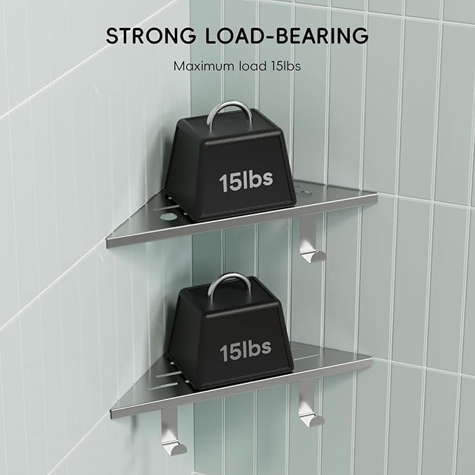 10’’ Shower Corner Shelf, Stainless Steel Shower Shelves with Razor Hole for Bathroom, Grout in Corner Shelf with Hooks for Tiled Wall 2 Pack, Brushed Nickel