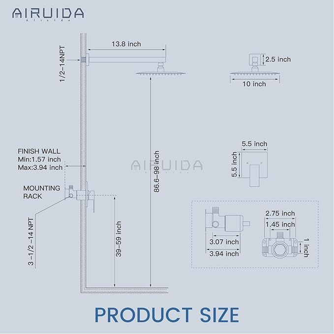 Airuida Shower Faucet Set Bathroom Rain Shower System SUS304 Stainless Steel Single Handle With Male Threads Rough-in Valve Shower Trim Kit 10 Inch Wall Mount Shower Head Matte Black