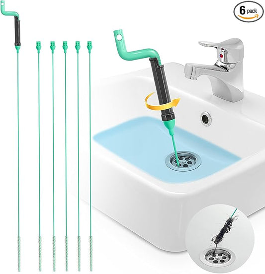 Drain Clog Remover Tool – 30”Anti-break Steel Sink Snake Hair Drain Cleaner Tool, Plumbing Snake with Rotating Handle & 6 Refills, Drain Hair Remover for Shower, Toilet, Kitchen Sink, Bathtub. 6-Pack