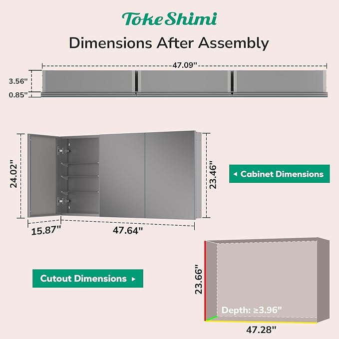 TokeShimi 48x24 Bathroom Medicine Cabinet with Mirror Tempered, Aluminum Silver Mirrored Medicine Cabinet Recessed or Surface Mount with Adjustable Storage Metal for Modern Farmhouse