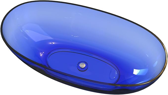 Stone Resin Freestanding Bathtub 61", Elegant Oval Shape Soaking Tub, Solid Surface Stand Alone Bathtub with Drain & Integrated Slotted Overflow Transparent Blue AMFS303-1550-TPBLUE