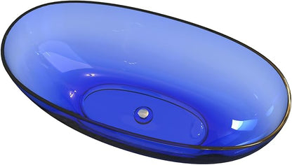 Stone Resin Freestanding Bathtub 61", Elegant Oval Shape Soaking Tub, Solid Surface Stand Alone Bathtub with Drain & Integrated Slotted Overflow Transparent Blue AMFS303-1550-TPBLUE