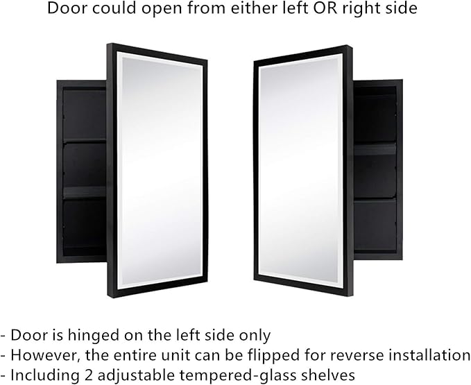 TEHOME Black Metal Framed Recessed Bathroom Medicine Cabinet with Mirror Rectangle Beveled Vanity Mirrors for Wall 16 x 24 inches