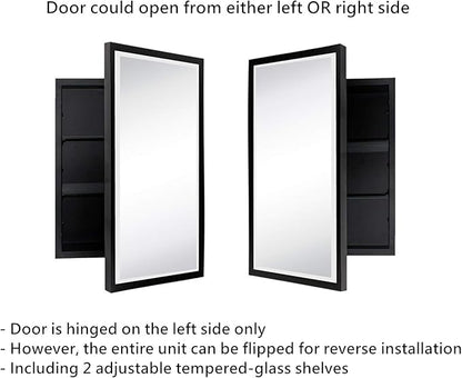 TEHOME Black Metal Framed Recessed Bathroom Medicine Cabinet with Mirror Rectangle Beveled Vanity Mirrors for Wall 16 x 24 inches