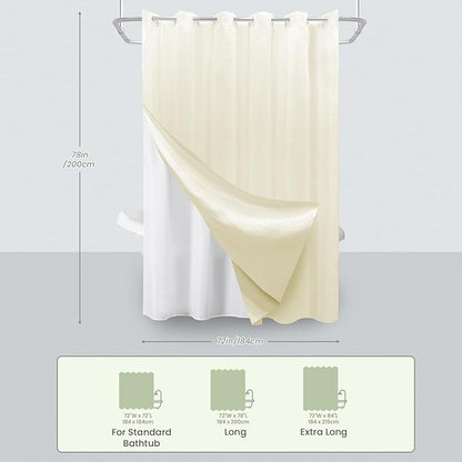 Inhousolu No Hook Waffle Weave Shower Curtain with Removable Snap in Fabric Liner Set for Bathroom, 230 GSM Heavy Duty Weighted Hem, Water Repellent Washable Bath Curtains, 72 x 78 Inch, Ivory