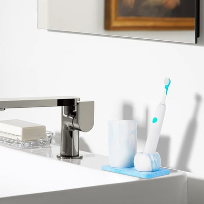 Ceramic Toothbrush Holder & Toothbrush Cup with Diatomite Tray for Bathroom, Bathroom Tumbler Cups Reusable Toothbrush Mouthwash Cup, Shower Counter Storage Organizer (Blue)