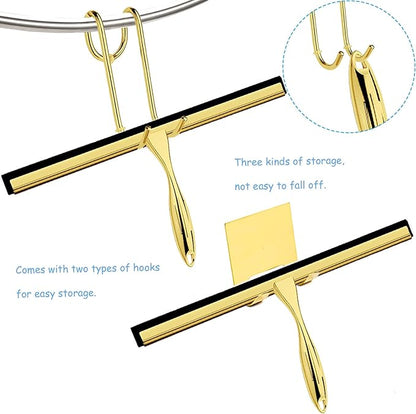 Shower Squeegee for Glass Doors, 14 Inches Bathroom Squeegee with Spare Silicone Blade, Shower Door Hook and Adhesive Hook, Stainless Steel Bathroom Squeegee for Mirror Window (14in-Gold-1 Pack)