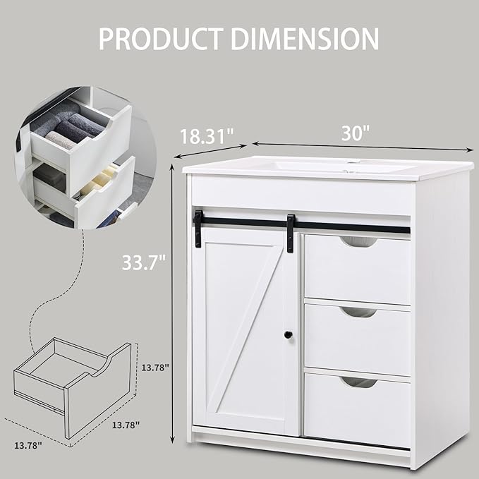 30" Farmhouse Bathroom Vanity with Sink, Freestanding Bathroom Storage Vanity Cabinet w/Sliding Barn Door, 3 Drawers & Adjustable Shelves, Metal Handle, White