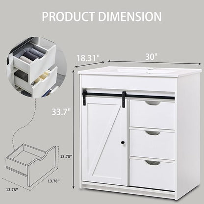 30" Farmhouse Bathroom Vanity with Sink, Freestanding Bathroom Storage Vanity Cabinet w/Sliding Barn Door, 3 Drawers & Adjustable Shelves, Metal Handle, White