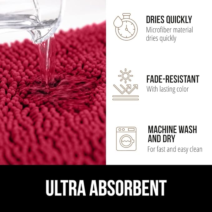 GORILLA GRIP Bath Rug Mat 60x24, Thick Soft Absorbent Chenille, Quick Dry Microfiber Mats, Rubber Backing Washable Shower Floor Rugs, Bathmat Runner, US Designed Bathroom Home Decor Accessories Red