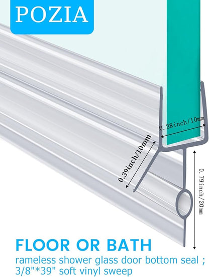 POZIA Clear Frameless Glass Shower Door Bottom Seal | Shower Door Sweep for Leak-Proof, Quick Installation to Create Reliable Water Barrier (2PACK-3/8in-20mm Gap)