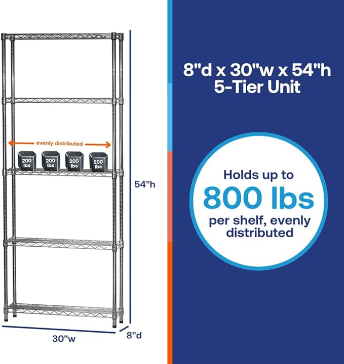 Shelving Inc. 8" d x 30" w x 54" h Chrome Wire Shelving with 5 Tier Shelves, Weight Capacity 800lbs Per Shelf