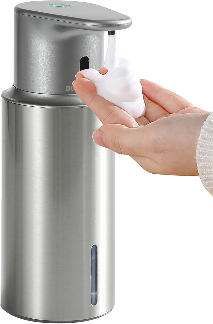 Automatic Foaming Soap Dispenser Touchless, 304 Stainless Steel Bottle Body &16.2oz/480ml Rechargeable, 3 Adjustable Liquid Levels, IPX7 Waterproof, for Kitchen Bathroom, Stainless Steel
