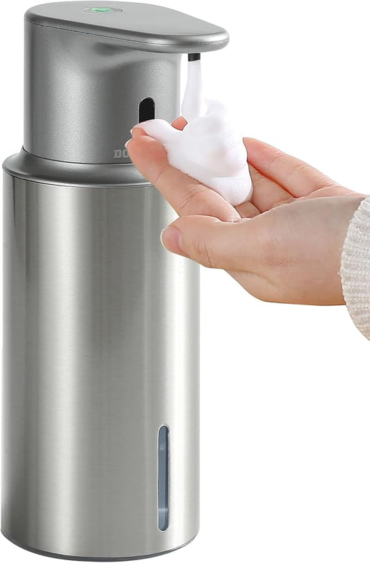 Automatic Foaming Soap Dispenser Touchless, 304 Stainless Steel Bottle Body &16.2oz/480ml Rechargeable, 3 Adjustable Liquid Levels, IPX7 Waterproof, for Kitchen Bathroom, Stainless Steel