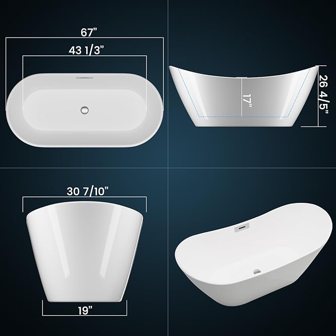 67" Acrylic Freestanding Bathtub, Modern Deep Soaking Tub, cUPC Certified Free Standing Tub, Chrome Drain/Overflow, White Acrylic, Sky White
