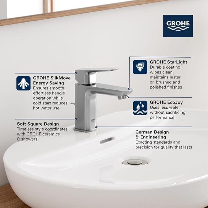 Grohe 1053490000 Cubeo Single Hole Single Handle S-Size Bathroom Faucet, Cold Start, 1.2 GPM, Starlight Chrome