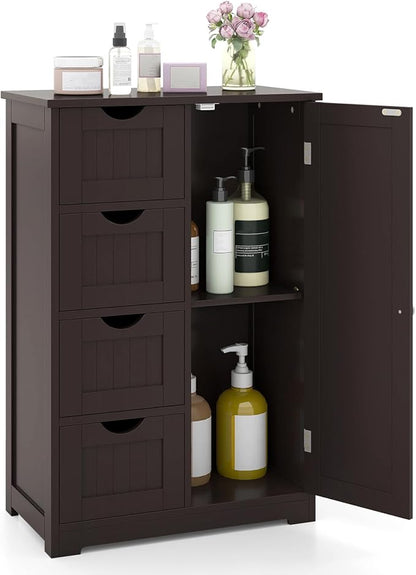 Tangkula Bathroom Floor Cabinet, Freestanding Storage Cabinet with 4 Drawers & Single Door, Adjustable Shelf, Multipurpose Bathroom Storage for Home Office, 21.5 x 12 x 32.5 Inches (Coffee)