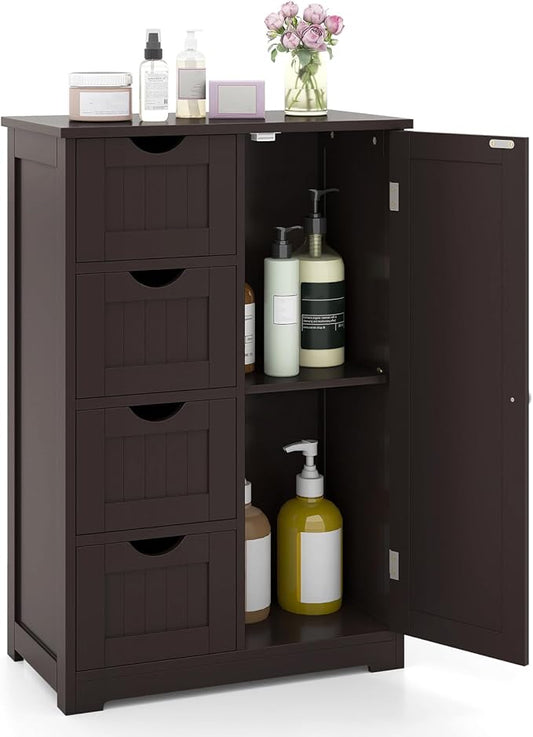 Tangkula Bathroom Floor Cabinet, Freestanding Storage Cabinet with 4 Drawers & Single Door, Adjustable Shelf, Multipurpose Bathroom Storage for Home Office, 21.5 x 12 x 32.5 Inches (Coffee)