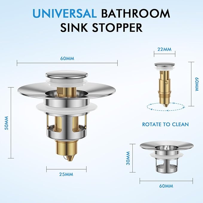 Bathroom Sink Stopper, JOMST Bath Universa Sink Drain Strainer 10,000 Pop-up Test 2 in 1 Fast Drain Anti-Clog Strainer Sink Drain Plug, Brass Bullet Core Sink Plug for 1.1~1.5 in Hair Catcher