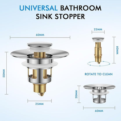 Bathroom Sink Stopper, JOMST Bath Universa Sink Drain Strainer 10,000 Pop-up Test 2 in 1 Fast Drain Anti-Clog Strainer Sink Drain Plug, Brass Bullet Core Sink Plug for 1.1~1.5 in Hair Catcher